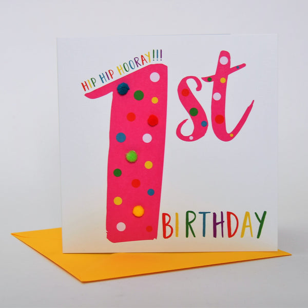 Birthday Card, Age 1, Pink, 1st Birthday, Embellished with pompoms