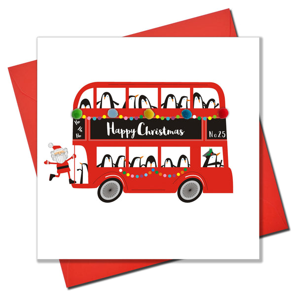 Christmas Card, Santa on the Bus, Embellished with colourful pompoms