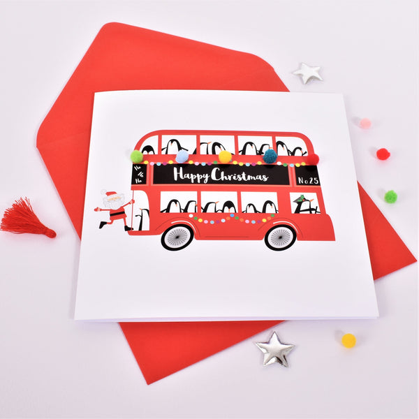 Christmas Card, Santa on the Bus, Embellished with colourful pompoms