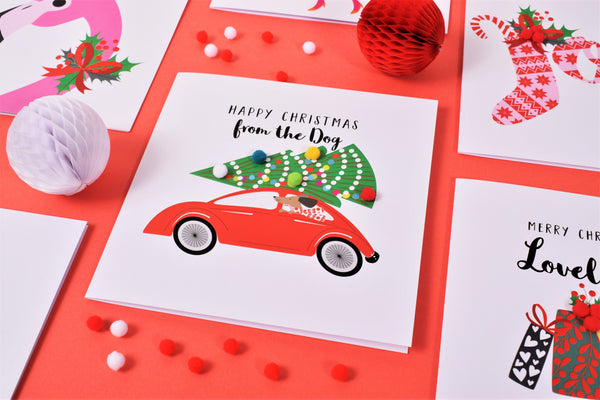 Christmas Card, Dog in the back of a Car, from the Dog, Embellished with pompoms