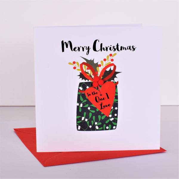 Christmas Card, Present with Heart Tag, The One I Love, Embellished with pompoms