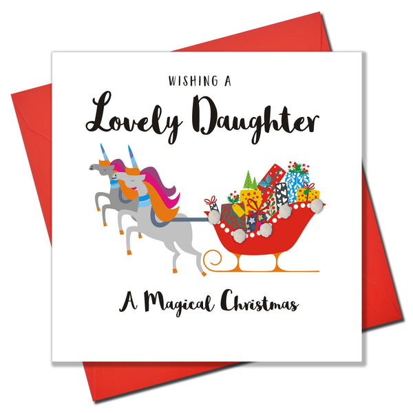 Christmas Card, Unicorn Sleigh, Lovely Daughter, Embellished with pompoms