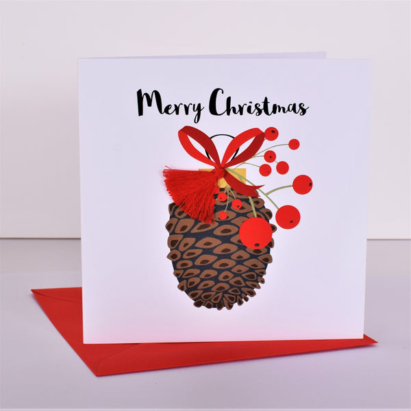 Christmas Card, Merry Christmas, Pine Cone, Embellished with colourful pompoms