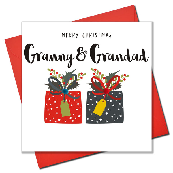 Christmas Card, Presents, Granny & Grandad, Embellished with pompoms