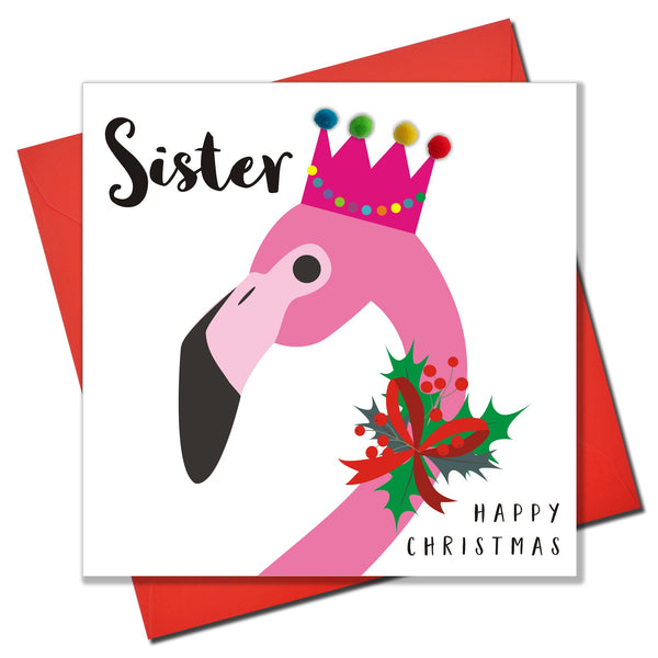 Christmas Card, Flamingo, Sister, Embellished with pompoms