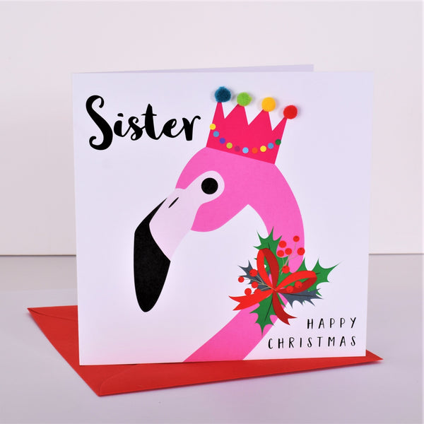 Christmas Card, Flamingo, Sister, Embellished with pompoms