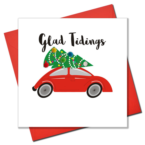Christmas Card, Christmas Tree on Car, Embellished with colourful pompoms