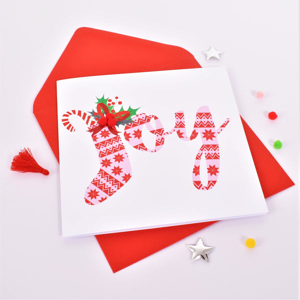 Christmas Card, Christmas Stocking, Joy, Embellished with colourful pompoms