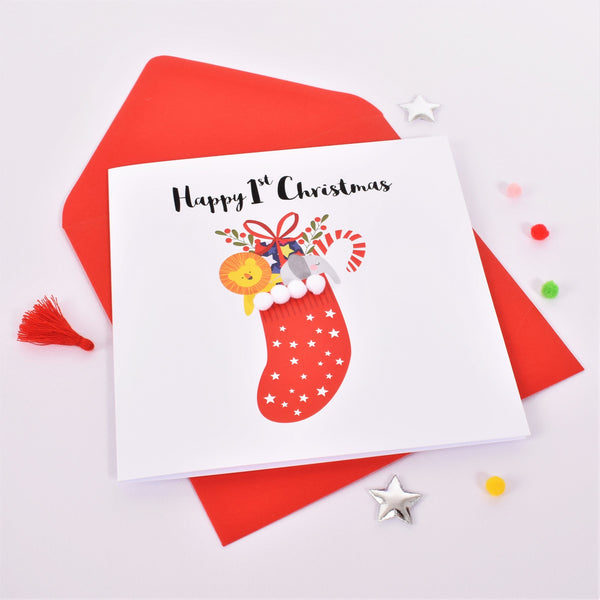 Christmas Card, Baby Happy 1st Christmas, Embellished with colourful pompoms
