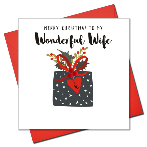 Christmas Card, Present with Heart, Wonderful Wife, Embellished with pompoms