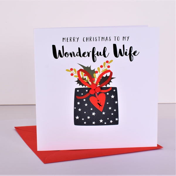 Christmas Card, Present with Heart, Wonderful Wife, Embellished with pompoms