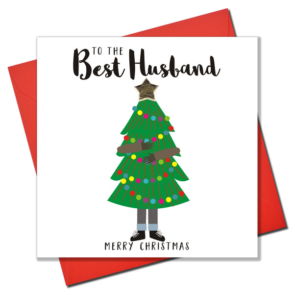 Christmas Card, Man Carrying Christmas Tree, Husband, padded star Embellished