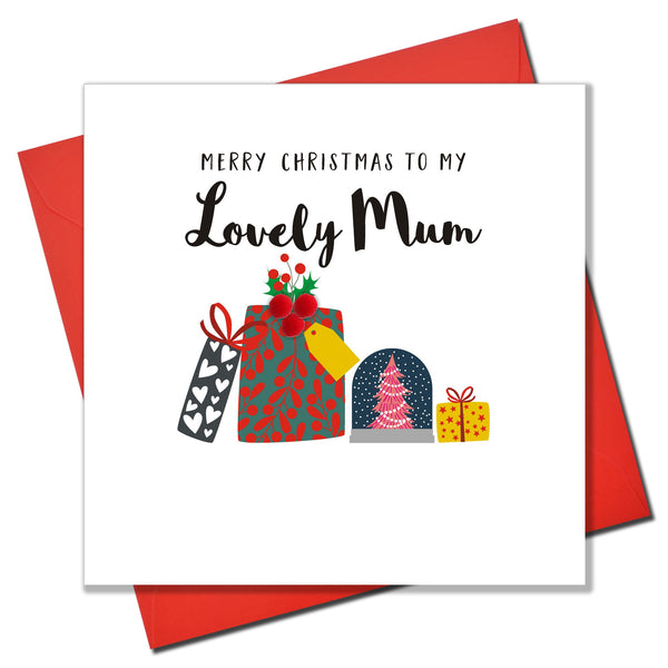 Christmas Card, Pile of Presents, Lovely Mum, Embellished with colourful pompoms