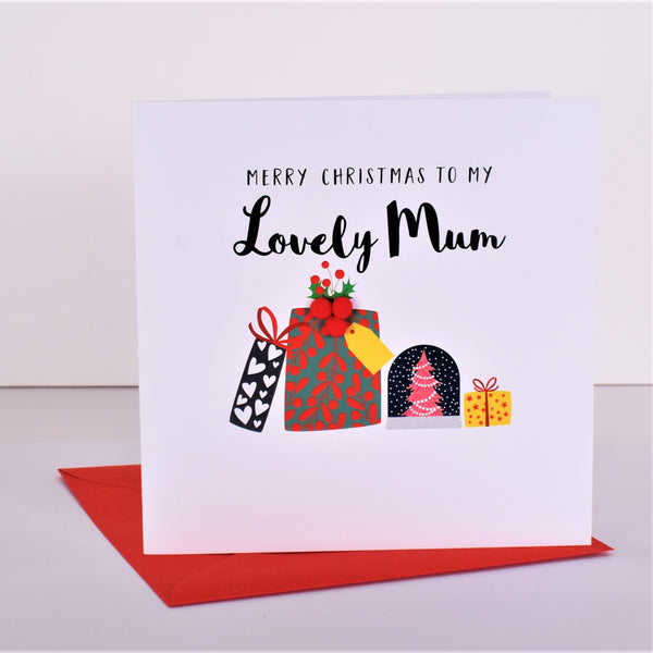 Christmas Card, Pile of Presents, Lovely Mum, Embellished with colourful pompoms