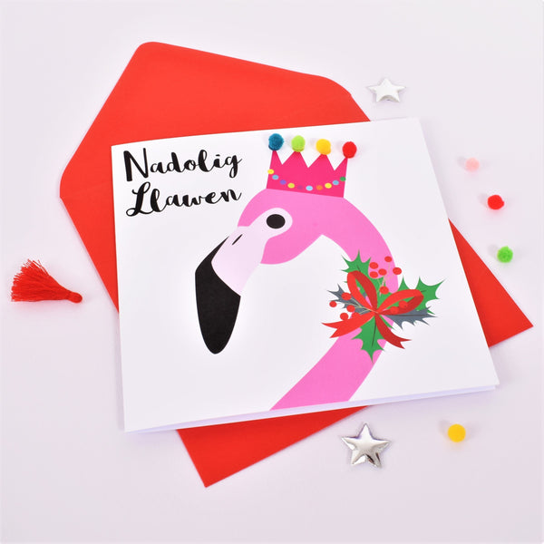 Welsh Christmas Card, Nadolig Llawen, Flamingo, Embellished with Pompoms