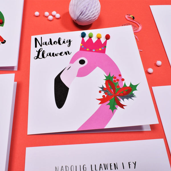 Welsh Christmas Card, Nadolig Llawen, Flamingo, Embellished with Pompoms
