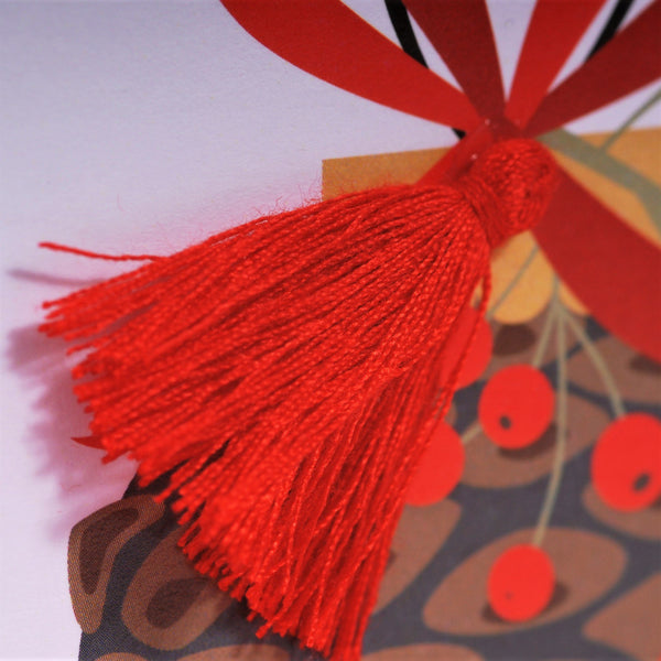 Welsh Christmas Card, Nadolig Llawen, Pine Cone, Embellished with Pompoms