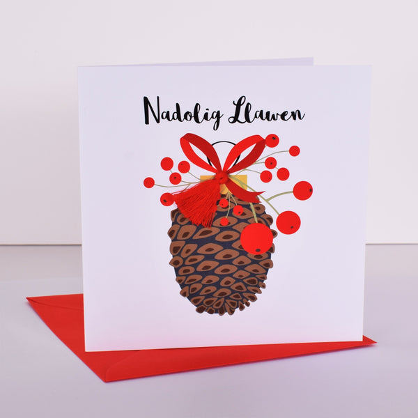 Welsh Christmas Card, Nadolig Llawen, Pine Cone, Embellished with Pompoms