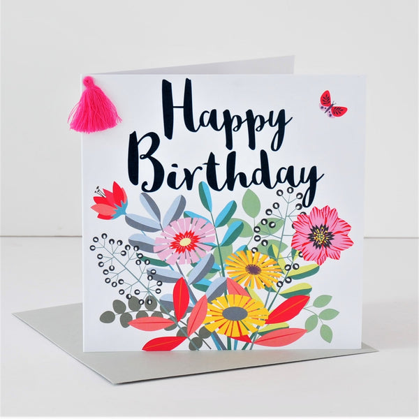 Birthday Card, Bouquet, Happy Birthday, Embellished with a colourful tassel