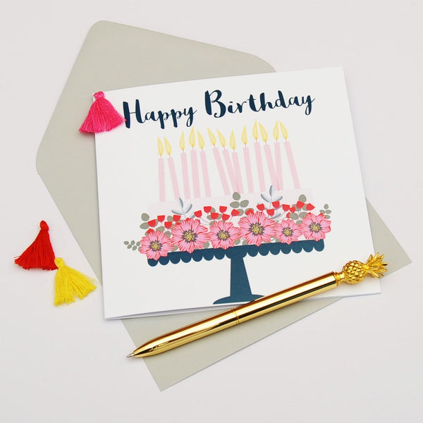 Birthday Card, Pretty Cake, Happy Birthday, Embellished with a colourful tassel