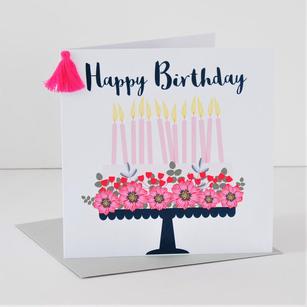 Birthday Card, Pretty Cake, Happy Birthday, Embellished with a colourful tassel