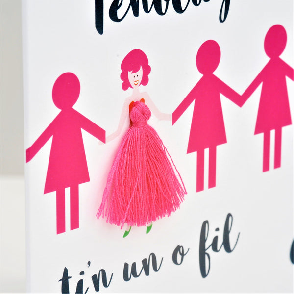 Welsh Birthday Card, Penblwydd Hapus, Paperchain Girls, Tassel Embellished