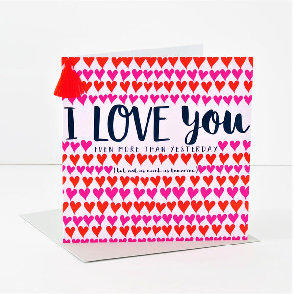 Valentine's Day Card, Rows of Hearts, Embellished with a colourful tassel