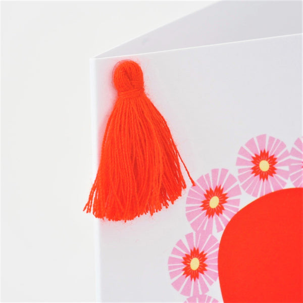 Valentine's Day Card, Heart with Flowers, Embellished with a colourful tassel