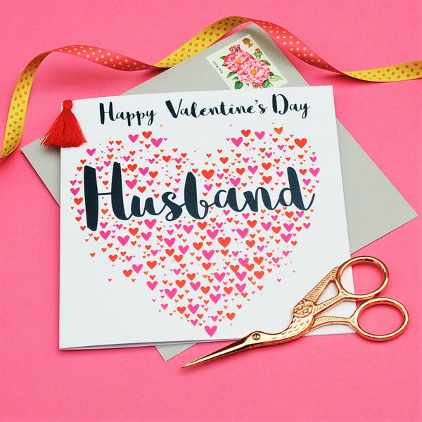 Valentine's Day Card, Husband, Hearts, Embellished with a colourful tassel