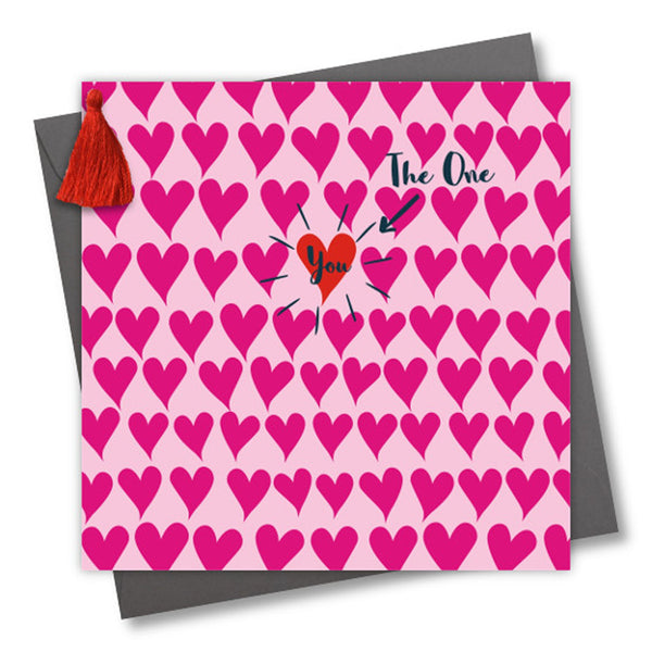 Valentine's Day Card, Hearts Background, Embellished with a colourful tassel