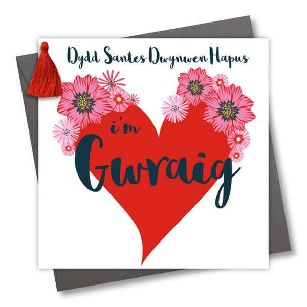 Welsh Wife Valentine's Day Card, Gwraig, Big Heart, Tassel Embellished