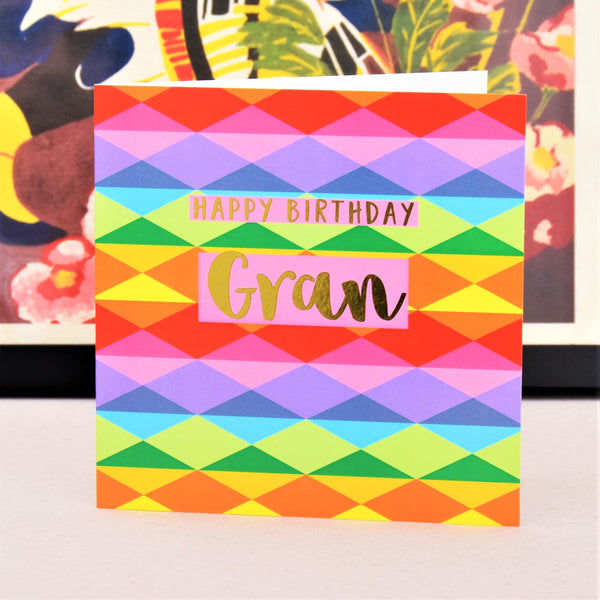 Birthday Card, Gran, Colourful Diamonds, text foiled in shiny gold