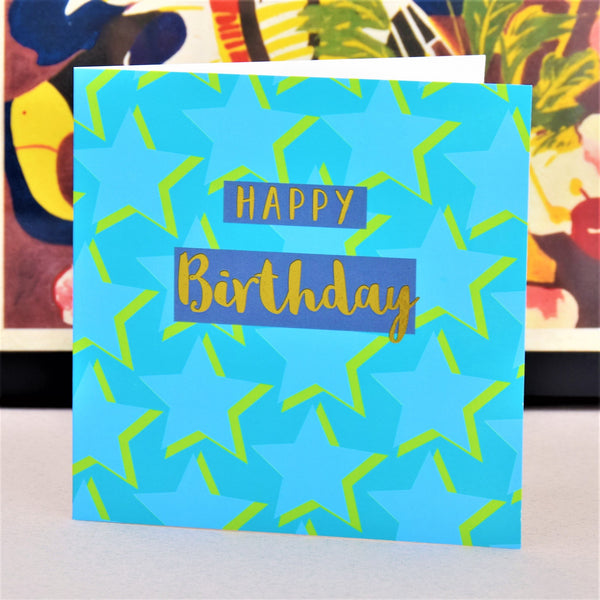 Birthday Card, Stars, Happy Birthday, text foiled in shiny gold