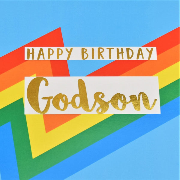Birthday Card, Godson Blue Colour Bolts, text foiled in shiny gold