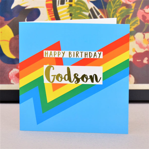 Birthday Card, Godson Blue Colour Bolts, text foiled in shiny gold