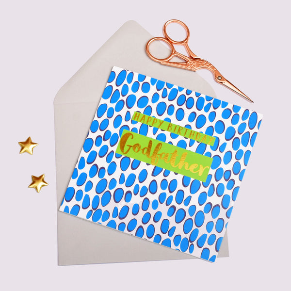 Birthday Card, Godfather Blue Dots, text foiled in shiny gold