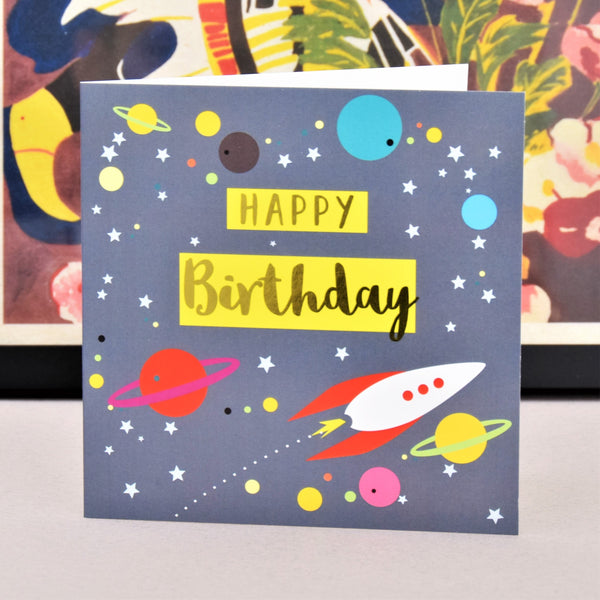 Birthday Card, Rocket and Planets, Happy Birthday, text foiled in shiny gold