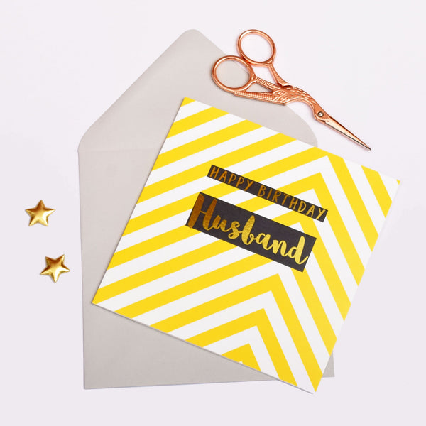 Birthday Card, Husband Yellow Chevrons, text foiled in shiny gold