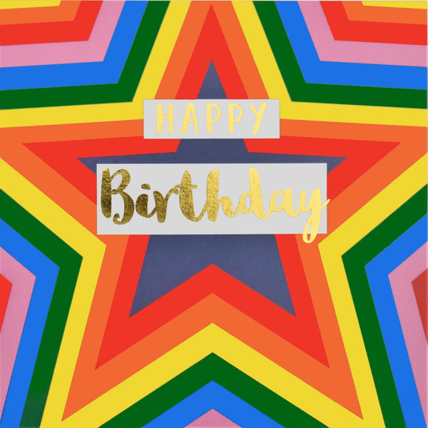 Birthday Card, Colour Stars, Happy Birthday, text foiled in shiny gold