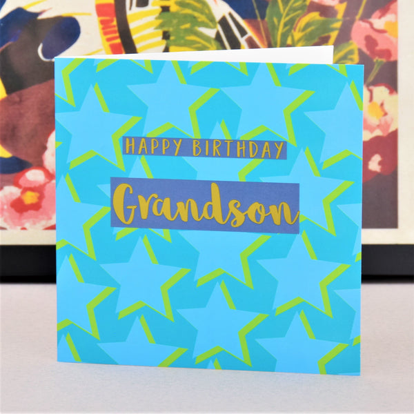 Birthday Card, Grandson Blue Stars, text foiled in shiny gold