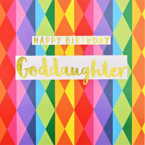 Birthday Card, Goddaughter Colourful Diamonds, text foiled in shiny gold