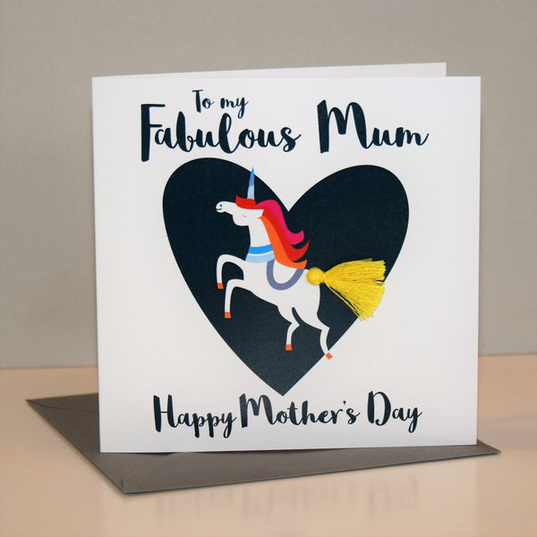 Mother's Day Card, Unicorn, Fabulous Mum, Embellished with a colourful tassel