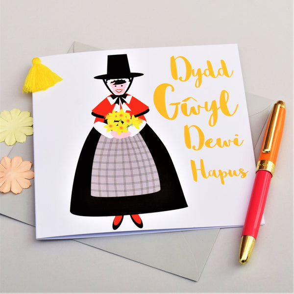 Welsh St Davids Day Card, dydd gwyl dewi hapus, Welsh dress, Tassel Embellished