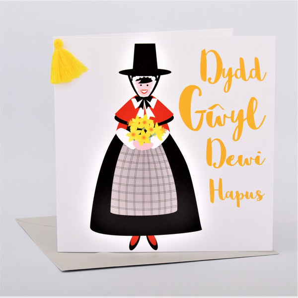 Welsh St Davids Day Card, dydd gwyl dewi hapus, Welsh dress, Tassel Embellished