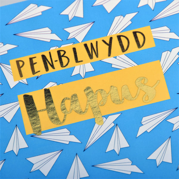 Welsh Birthday Card, Penblwydd Hapus, Paper Planes, text foiled in shiny gold