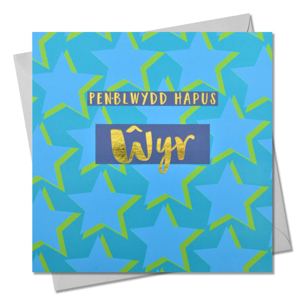 Welsh Birthday Card, Penblwydd Hapus Wyr, Grandson, text foiled in shiny gold