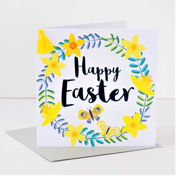 Easter Card, Daffodil Wreath, Happy Easter, Embellished with a colourful tassel