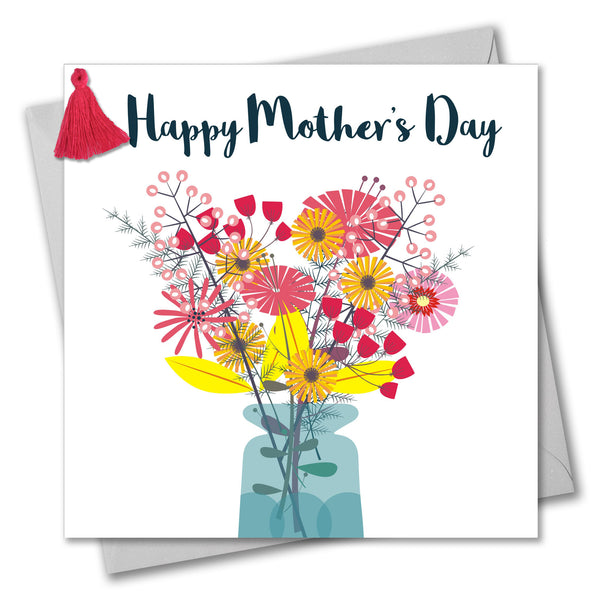 Mother's Day Card, Bouquet in a Vase, Embellished with a colourful tassel