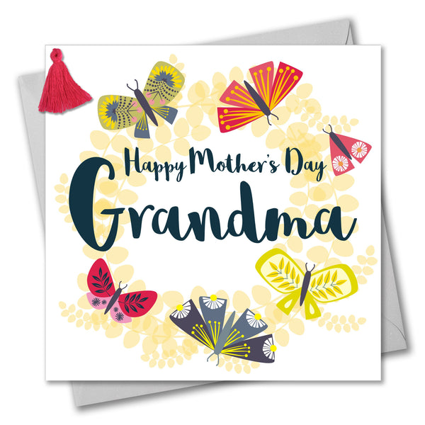 Mother's Day Card, Butterfly Wreath, Grandma, Embellished with a tassel