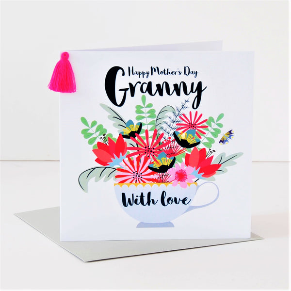 Mother's Day Card, Teacup, Granny, Embellished with a colourful tassel
